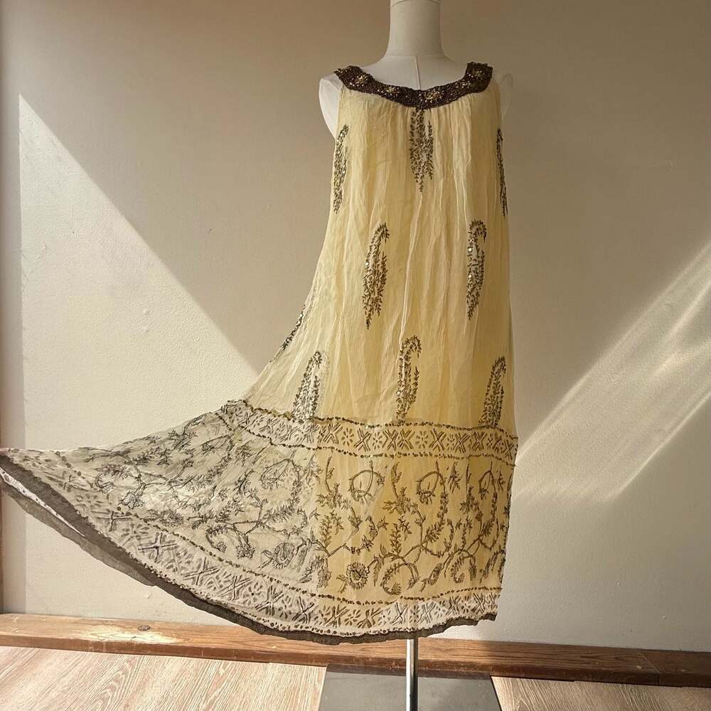 Beaded Cotton and Viscose Sleeveless Floral Paisley Dress in Yellow Cream